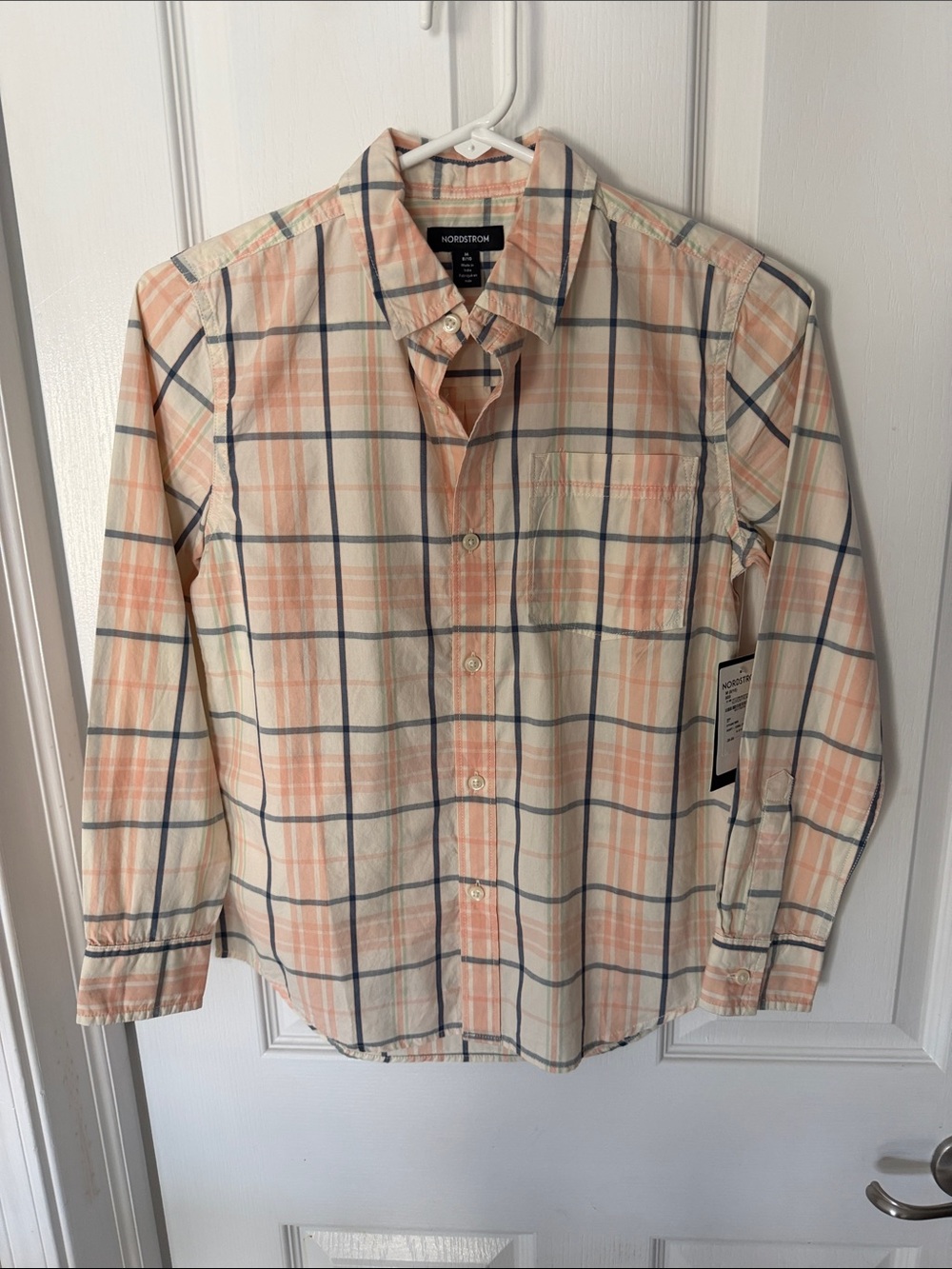Nordstrom Peach and Blue Plaid Long-Sleeve Button-Down Shirt